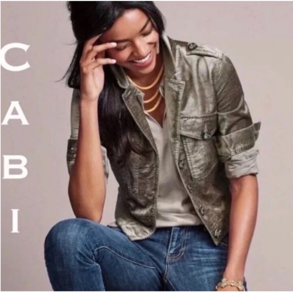 Cabi Sunday topper casual cropped velvet jean jacket taupe grey size extra small
